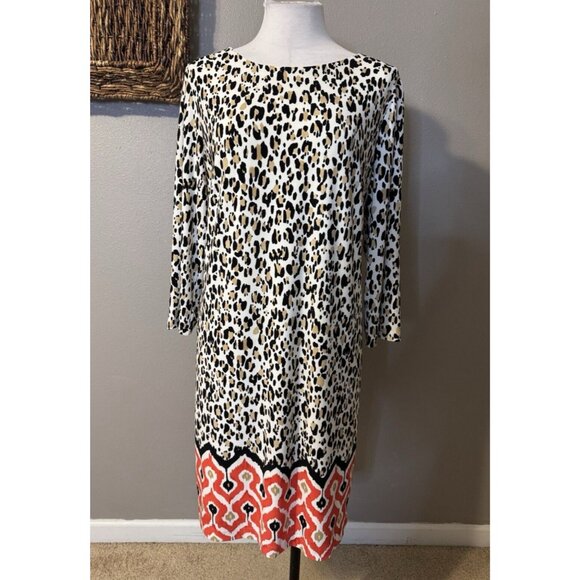 Chicos Shift Dress 2 Large 12 14 Cream Brown Black Red Animal Print Stretch - Picture 6 of 12